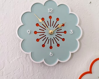 Retro Flower Wall Clock  - Light Blue and White and Orange - Floral Home Decor Vintage Aesthetic