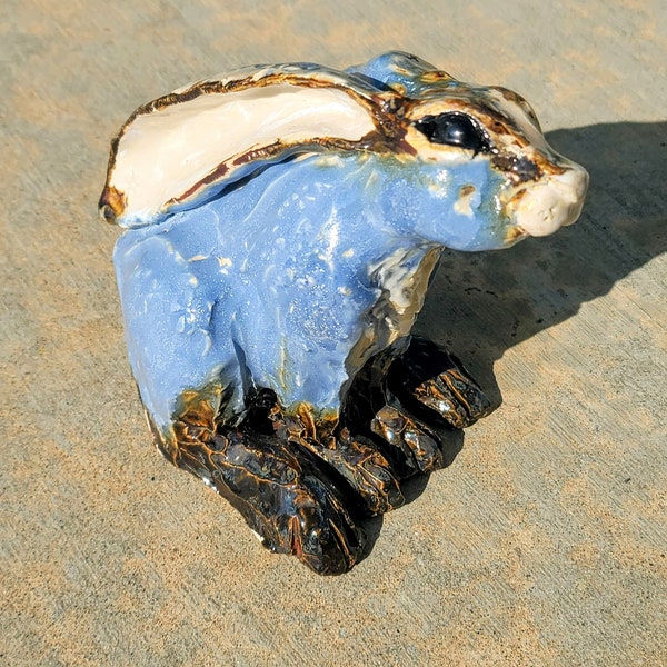 Really Darling Blue Inquisitive Bunny one of a kind unique handmade ceramic high fire rabbit sculpture