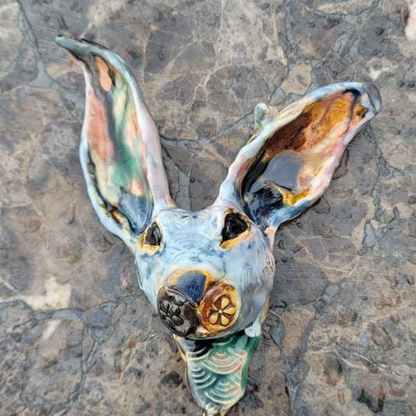 Colorful Majolica Wall Rabbit for home or garden one of a kind gorgeous ceramic bunny art rabbit art bunny art sculpture figurine hare mask