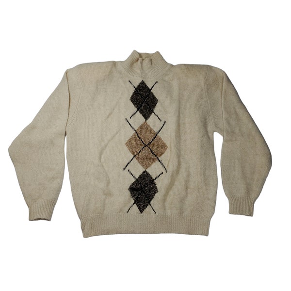 NWT Vintage 90s Talbots Argyle Knit Sweater Womens M, Mockneck Turtleneck Pullover, Rabbit Angora Lambswool, Cream Tan Metallic Gold