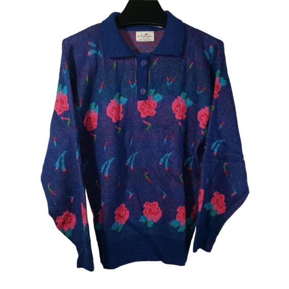 Vintage 1980s Alberoy Rose Floral Knit Sweater, W… - image 1