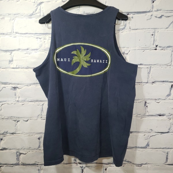 Vintage 1990s Maui Hawaii Tank Top Mens XL, Navy Blue Green Logo, Double-Sided Graphic Print, AAA Branded Graphic Shirt, Vintage Tank Top