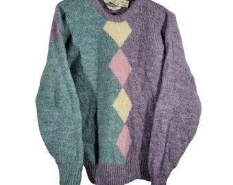 Vintage 1980s Heritage Argyle Intarsia Knit Sweater Womens M, Pink Purple Blue Green Pastel Colorblock, Made in Ireland, Granny Soft Girl