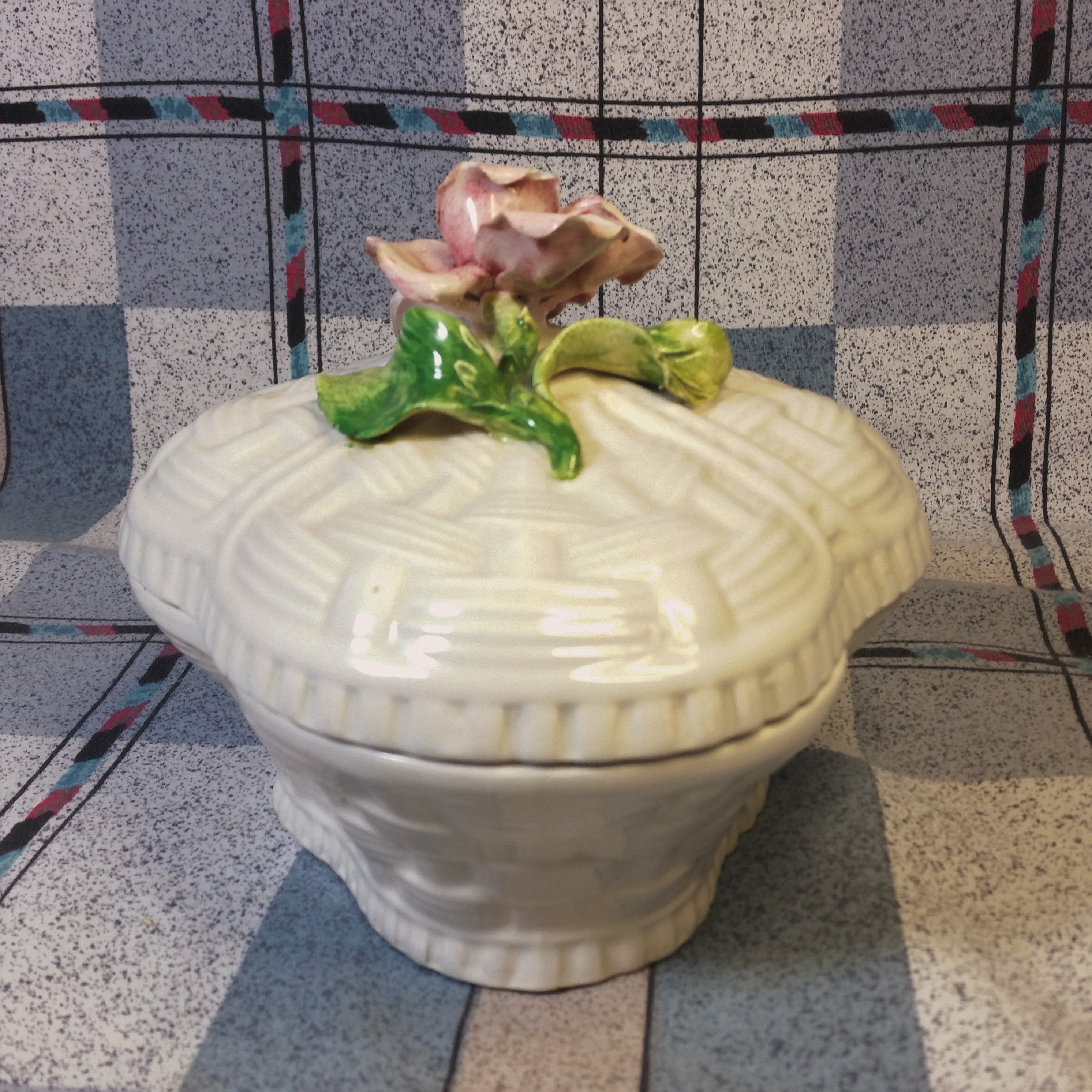 Vintage Ceramic Woven Basket Lidded Dish Pink Rose Handle Etsy