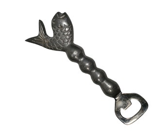 Vintage 1980s Aluminum Fish Bottle Opener 8" Silver-Tone Bulbous Nautical Fisherman Carp Barware Novelty Kitsch