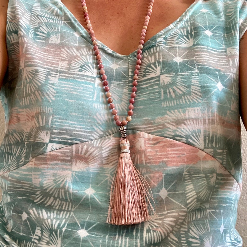 Rhodonite Mala beads necklace tassel necklace heart chakra mala necklace gemstone healing 108 beads meditation gift for her anniversary image 4