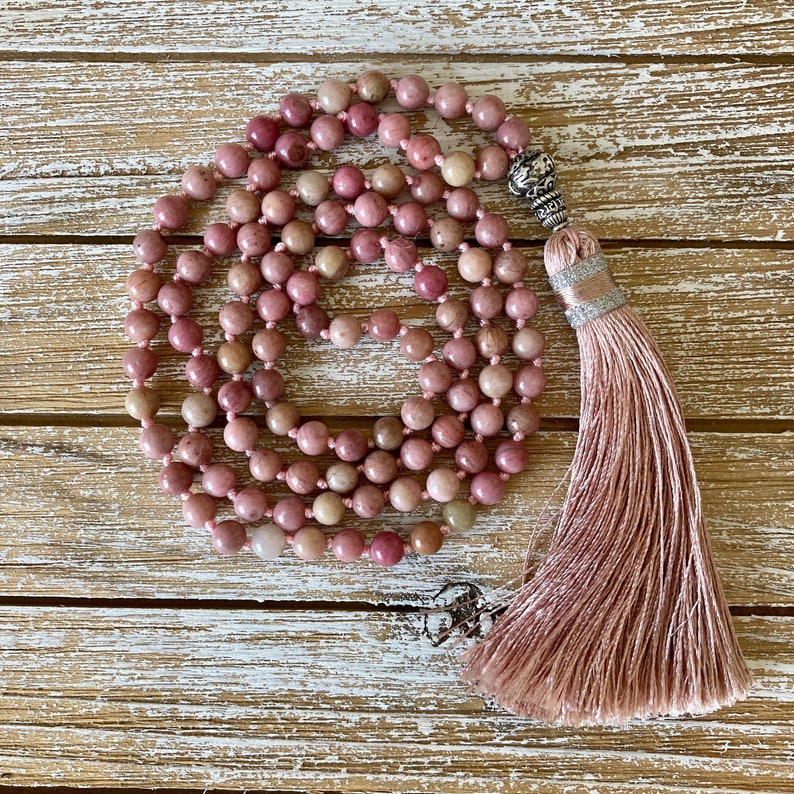 Rhodonite Mala beads necklace tassel necklace heart chakra mala necklace gemstone healing 108 beads meditation gift for her anniversary image 2