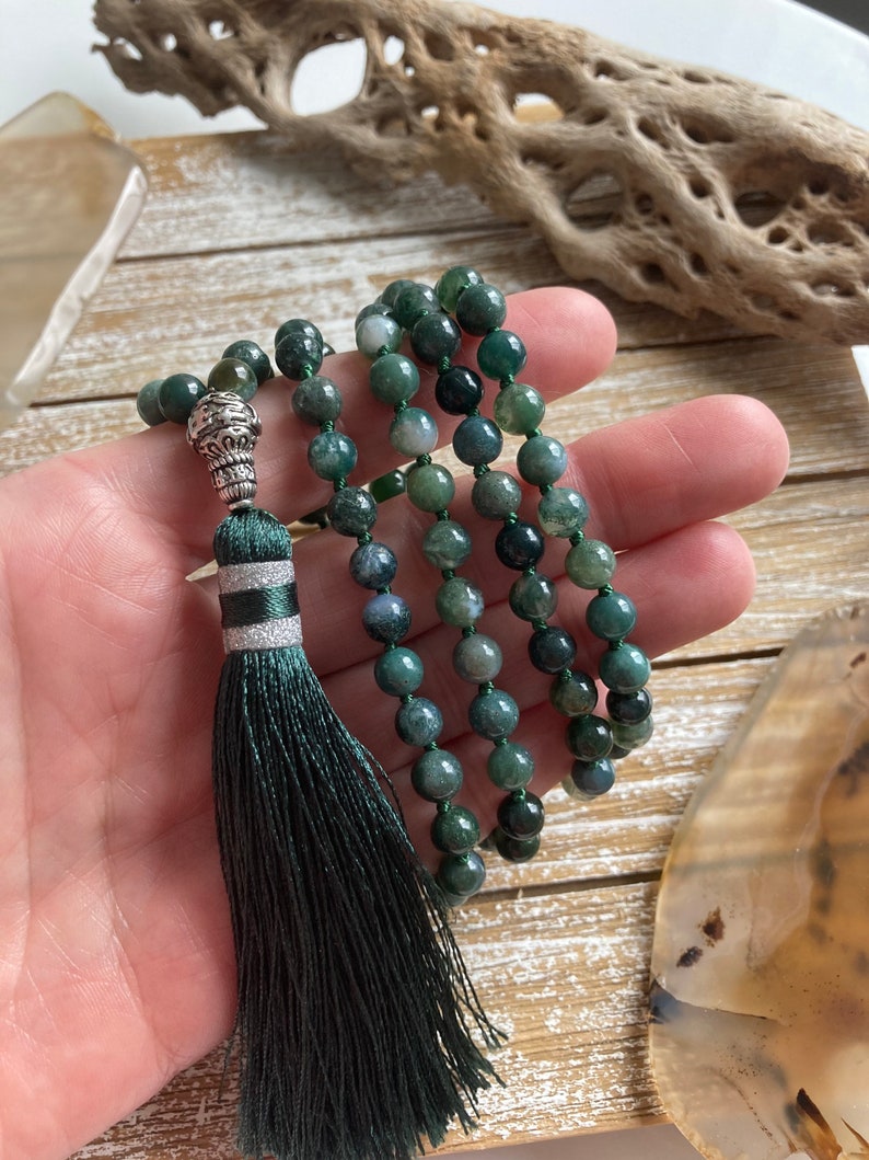 Mala Beads Necklace Protection Moss Agate Beads Mala Necklace Etsy