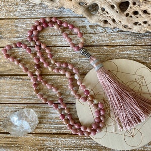 Rhodonite Mala beads necklace tassel necklace heart chakra mala necklace gemstone healing 108 beads meditation gift for her anniversary image 6