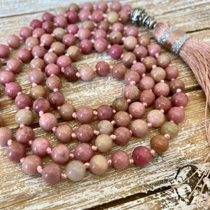 Rhodonite Mala beads necklace tassel necklace heart chakra mala necklace gemstone healing 108 beads meditation gift for her anniversary image 1