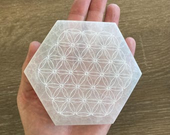 Selenite Charging Plate: 4 inch Hexagon with Flower of Life