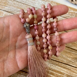 Rhodonite Mala beads necklace tassel necklace heart chakra mala necklace gemstone healing 108 beads meditation gift for her anniversary image 3