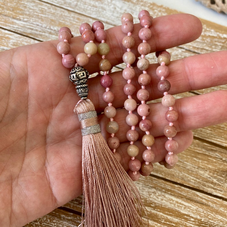 Rhodonite Mala beads necklace tassel necklace heart chakra mala necklace gemstone healing 108 beads meditation gift for her anniversary image 3