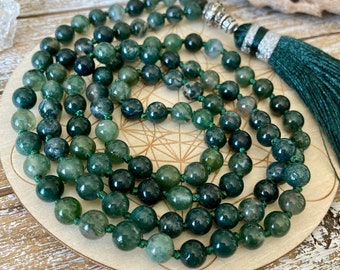 Mala beads Necklace Protection Moss Agate beads mala necklace, hand knotted mala Crystal healing Agate meditation gemstone 108 Mala beads