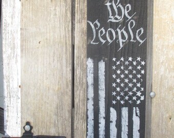 20" WE THE PEOPLE Distressed American Flag wood vertical door porch sign  primitive vintage antique look jute hanger Usa made