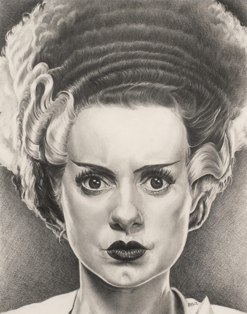 Peut inclure: Un dessin au crayon graphite en noir et blanc repr&eacute;sentant une personne avec une coiffure haute et volumineuse, marqu&eacute;e par des m&egrave;ches blanches sur les c&ocirc;t&eacute;s. Le sujet a des sourcils fonc&eacute;s, des cils longs et des l&egrave;vres sombres, signature Baker visible.