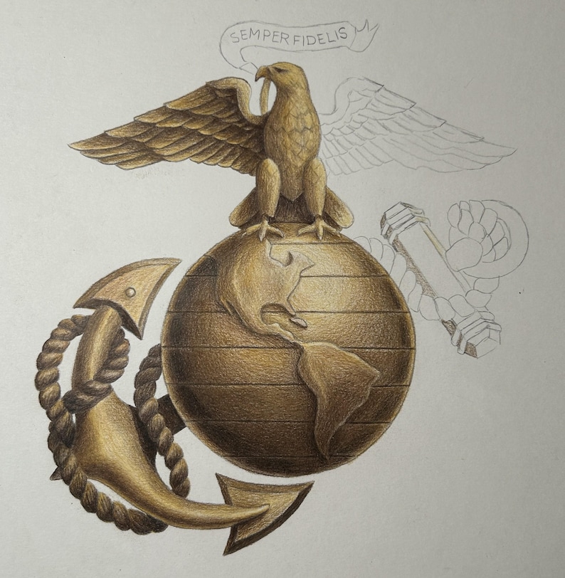 May include: A colored pencil drawing of the United States Marine Corps emblem featuring a golden eagle perched on a globe with an anchor and rope. A banner above the eagle reads SEMPER FIDELIS. Some elements are partially sketched in pencil.
