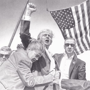 May include: A graphite pencil drawing depicting a central figure with a raised fist, surrounded by individuals in suits and sunglasses. An American flag waves in the background, and the composition captures a dynamic scene with detailed shading.