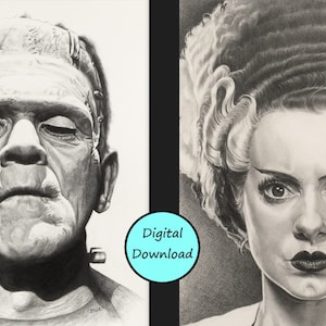 Frankensteins Monster und Frankensteins Braut Bleistiftzeichnung, klassischer Horror, digitaler Download, Fine Art Print, benutzerdefiniertes Kunstwerk