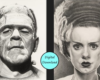 Frankenstein & Bride Bleistift Zeichnung: Klassische Horror Kunst (Digitaler Download)