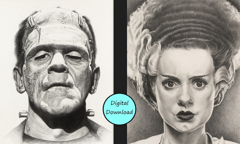 Peut inclure: Un dessin au graphite en noir et blanc pr&eacute;sentant deux portraits c&ocirc;te &agrave; c&ocirc;te : une cr&eacute;ature &agrave; t&ecirc;te plate avec des boulons au cou et une femme avec une coiffure haute et volumineuse. Un cercle bleu clair central contient le texte Digital Download.