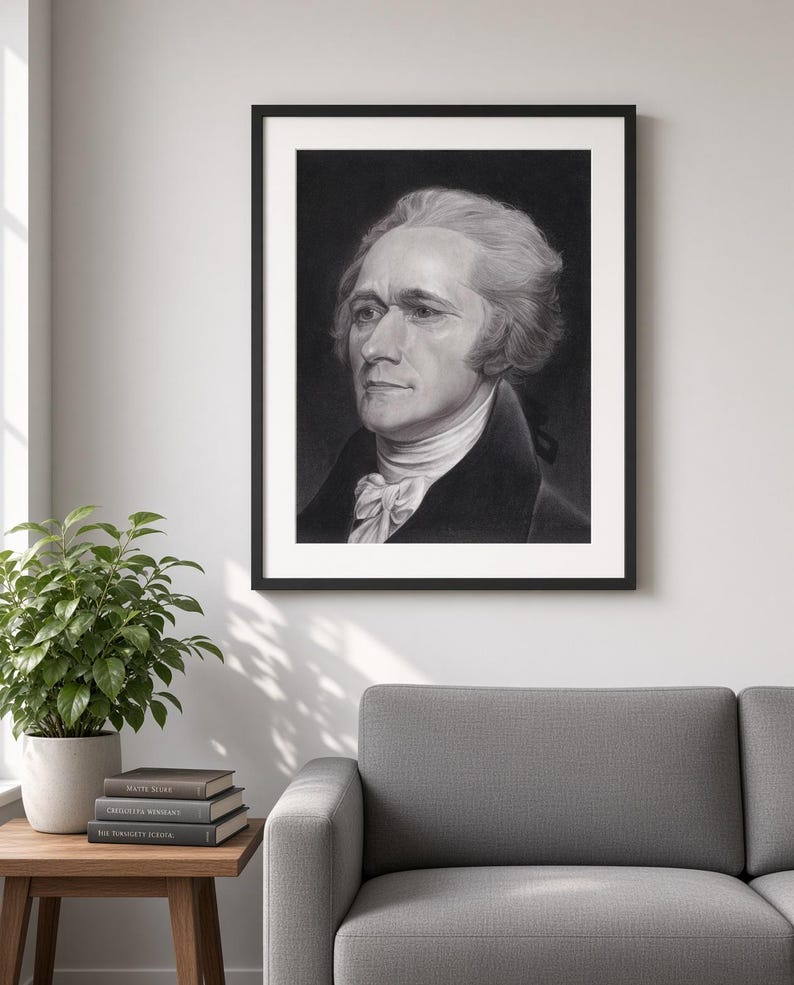 May include: A framed black and white charcoal-style portrait print of Alexander Hamilton, featuring a man with wavy hair, a high-collared coat, and a cravat, presented in a simple black frame with a white mat board border.