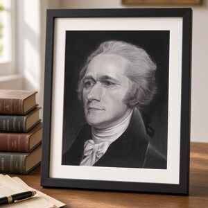May include: A framed charcoal-style portrait of Alexander Hamilton in a black frame with a white mat. The artwork depicts a man with swept-back hair, wearing a dark coat and a white cravat, rendered in shades of black, white, and gray.
