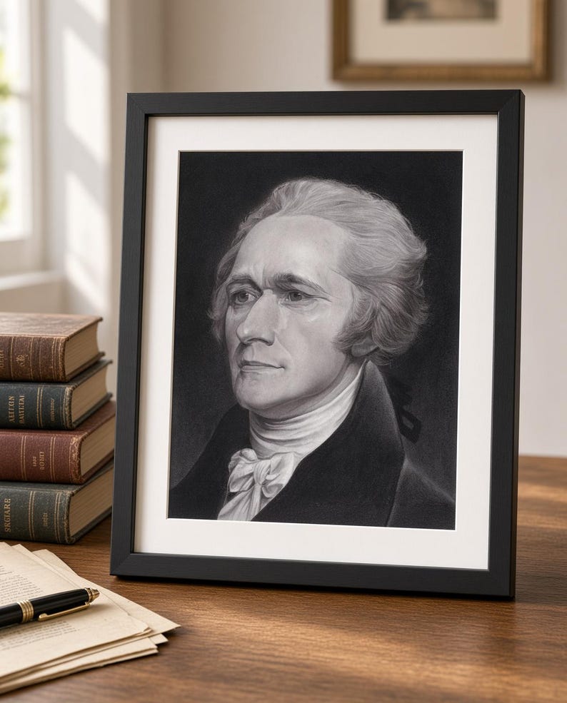 May include: A framed charcoal-style portrait of Alexander Hamilton in a black frame with a white mat. The artwork depicts a man with swept-back hair, wearing a dark coat and a white cravat, rendered in shades of black, white, and gray.