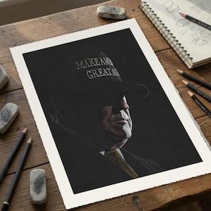 May include: A portrait print on textured paper featuring a side profile of a person wearing a dark cap with the text MAKE AMERICA GREAT AGAIN embroidered in white. The subject wears a dark suit jacket and a brown tie, rendered in high contrast.