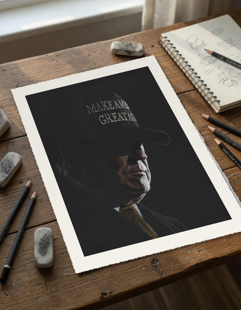 May include: A portrait print on textured paper featuring a side profile of a person wearing a dark cap with the text MAKE AMERICA GREAT AGAIN embroidered in white. The subject wears a dark suit jacket and a brown tie, rendered in high contrast.