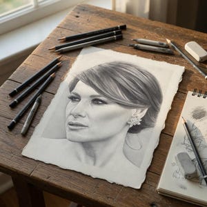 May include: A graphite pencil portrait drawing on textured paper depicting a person with side-swept hair and a floral earring. The artwork is surrounded by several drawing pencils, a sketchbook, and erasers on a wooden surface.