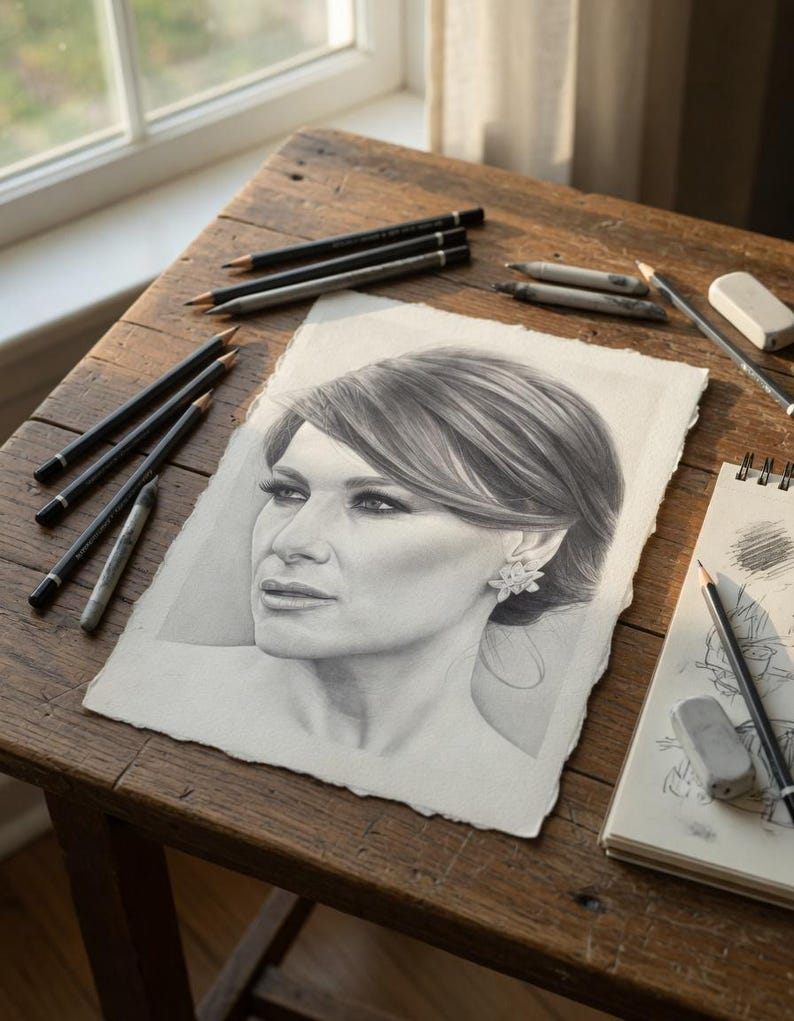 May include: A graphite pencil portrait drawing on textured paper depicting a person with side-swept hair and a floral earring. The artwork is surrounded by several drawing pencils, a sketchbook, and erasers on a wooden surface.