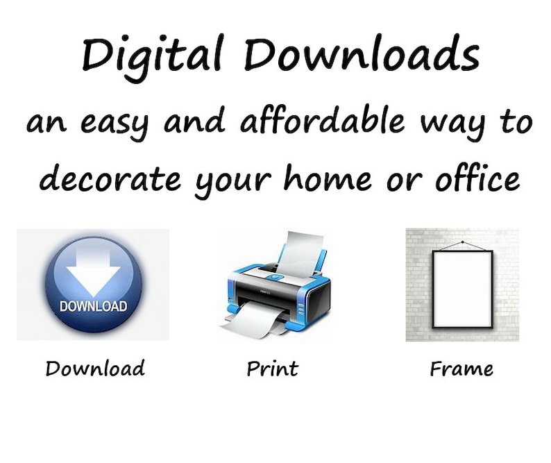 Peut inclure: Un graphique avec le texte Digital Downloads an easy and affordable way to decorate your home or office. En dessous, trois ic&ocirc;nes repr&eacute;sentent un bouton de t&eacute;l&eacute;chargement bleu, une imprimante avec du papier et un cadre vide.