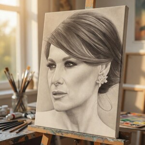 May include: A charcoal pencil portrait on canvas depicting a person with side-swept hair and a floral-shaped earring. The drawing features detailed shading, highlighting the facial features, neck, and hair texture in a monochromatic style.