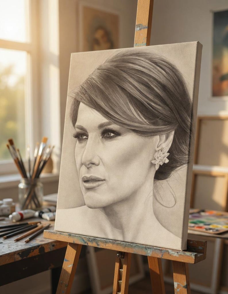May include: A charcoal pencil portrait on canvas depicting a person with side-swept hair and a floral-shaped earring. The drawing features detailed shading, highlighting the facial features, neck, and hair texture in a monochromatic style.