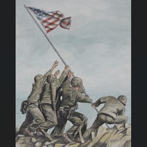 May include: A watercolor painting depicting four soldiers in olive green uniforms and helmets working together to raise a United States flag on a metal pole. The scene is set on a rocky terrain against a muted gray sky. The artist signature Baker is visible in the bottom right corner.