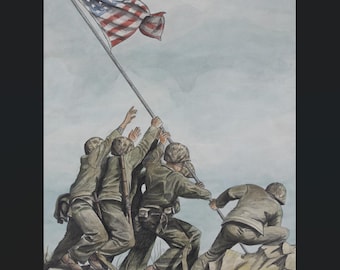 Peut inclure: Une peinture à l'aquarelle représentant quatre soldats en uniformes et casques vert olive travaillant ensemble pour lever un drapeau des États-Unis sur un mât en métal. La scène se déroule sur un terrain rocheux sous un ciel gris. La signature de l'artiste Baker est visible en bas à droite.