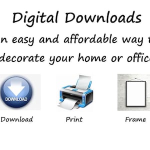 May include: A graphic featuring the text Digital Downloads an easy and affordable way to decorate your home or office. Below are three icons representing a blue download button, a printer with paper, and a black picture frame on a wall.