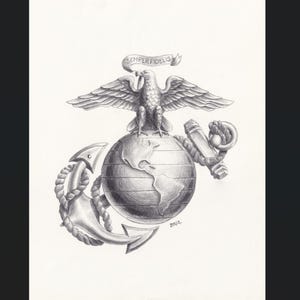 May include: A graphite pencil drawing of the United States Marine Corps emblem featuring an eagle perched on a globe, which is superimposed over a fouled anchor. A banner above the eagle displays the text Semper Fidelis.