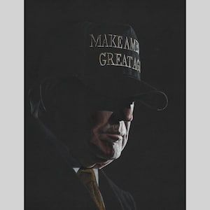 May include: A dark-colored baseball cap featuring the embroidered white text MAKE AMERICA GREAT AGAIN on the front panel. The cap is worn by a person with visible facial features, including a nose, mouth, and chin, and a dark tie.