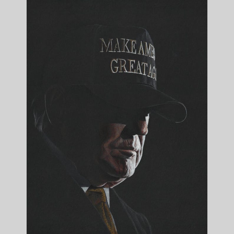 May include: A dark-colored baseball cap featuring the embroidered white text MAKE AMERICA GREAT AGAIN on the front panel. The cap is worn by a person with visible facial features, including a nose, mouth, and chin, and a dark tie.