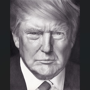 May include: A detailed graphite pencil portrait of Donald Trump, capturing his facial features, hair texture, and expression. The drawing is rendered in shades of black, white, and gray, showing a formal suit jacket, white shirt, and tie.