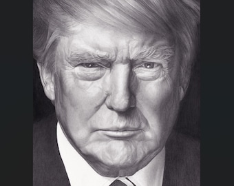 Peut inclure: Un portrait détaillé au crayon graphite de Donald Trump, capturant ses traits du visage, la texture de ses cheveux et son expression. Le dessin est rendu en nuances de noir, blanc et gris, montrant une veste de costume, une chemise blanche et une cravate.
