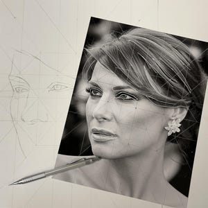 May include: A black and white portrait drawing of a person with a floral earring, featuring geometric construction lines overlaid on the face. A silver mechanical pencil rests on the bottom left corner of the paper.