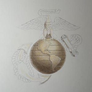 May include: A colored pencil drawing of the United States Marine Corps emblem featuring a globe, an eagle with wings spread, and an anchor. A banner above the eagle displays the text Semper Fidelis. The globe is shaded in brown tones.