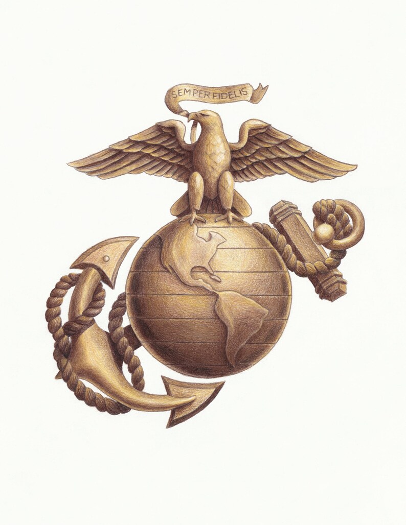 May include: A golden-toned illustration of the Eagle, Globe, and Anchor emblem. An eagle with wings spread stands atop a globe showing the Western Hemisphere, with an anchor behind it wrapped in rope. A banner above reads Semper Fidelis.