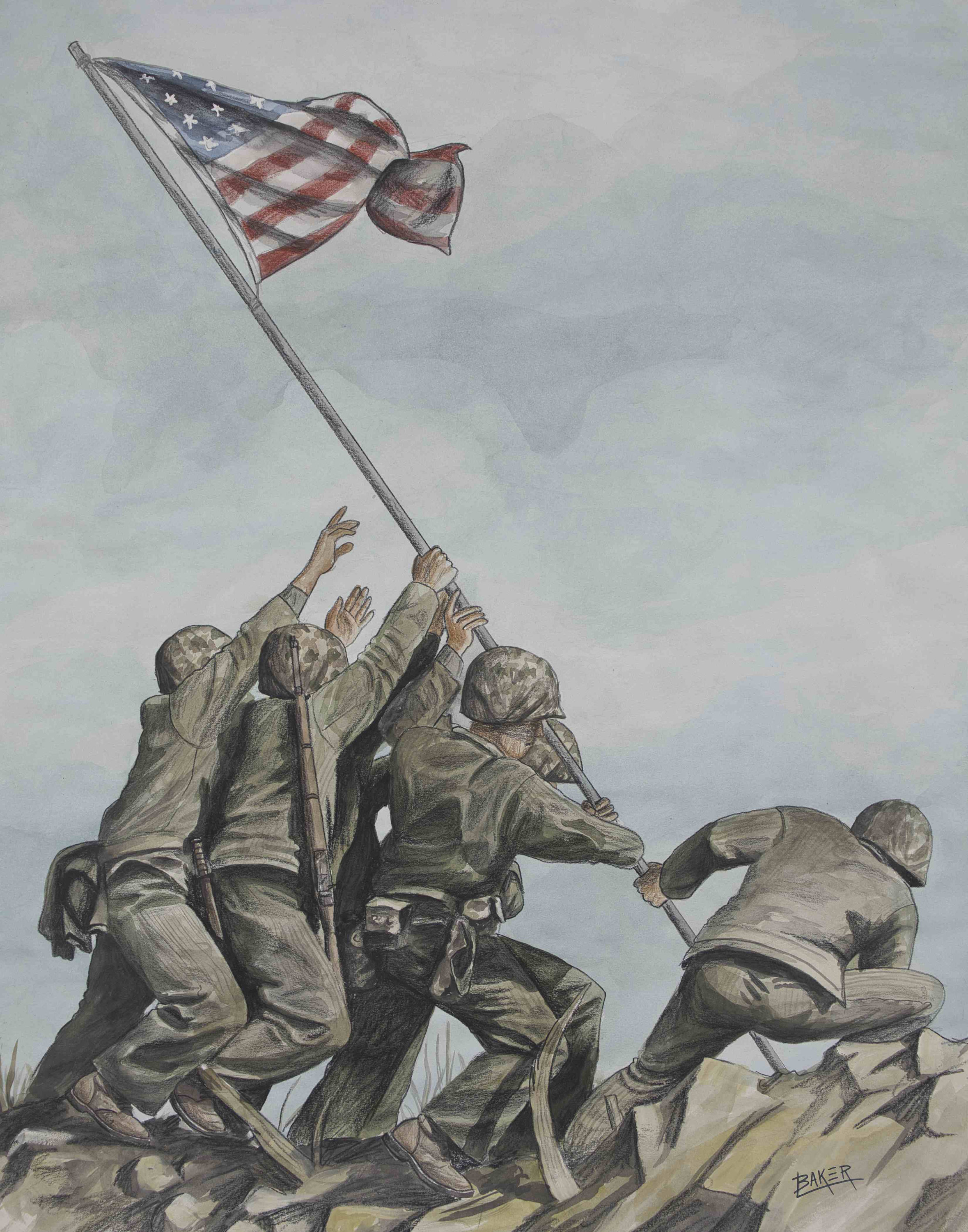 Iwo Jima Flag Raising Watercolor and Colored Pencil World - Etsy