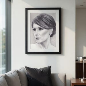 May include: A black and white charcoal portrait drawing of a person with styled hair and an earring, framed in a simple black frame. The artwork depicts a side profile view of the individual with detailed shading and realistic facial features.