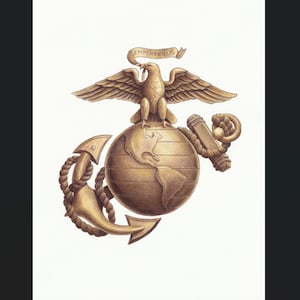 May include: A golden-toned illustration of the United States Marine Corps emblem featuring an eagle perched atop a globe, which is superimposed over a fouled anchor. A ribbon banner above the eagle displays the text Semper Fidelis.
