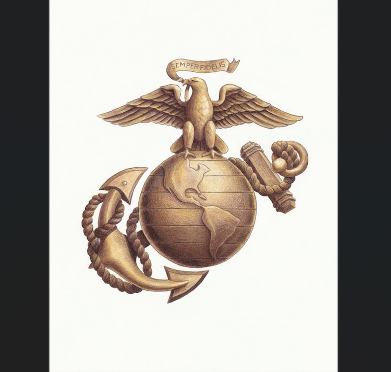 May include: A golden-toned illustration of the United States Marine Corps emblem featuring an eagle perched atop a globe, which is superimposed over a fouled anchor. A ribbon banner above the eagle displays the text Semper Fidelis.